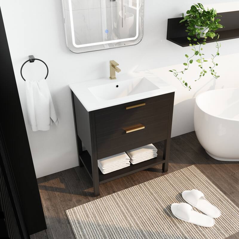 30" Bathroom Vanity with Ceramic Sink, Freestanding, Soft Closing Drawers, 4 Wood Feet, Durable and Water-Resistant