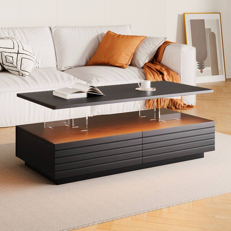 Modern White Rectangular LED Lights Coffee Table with 2 Drawers