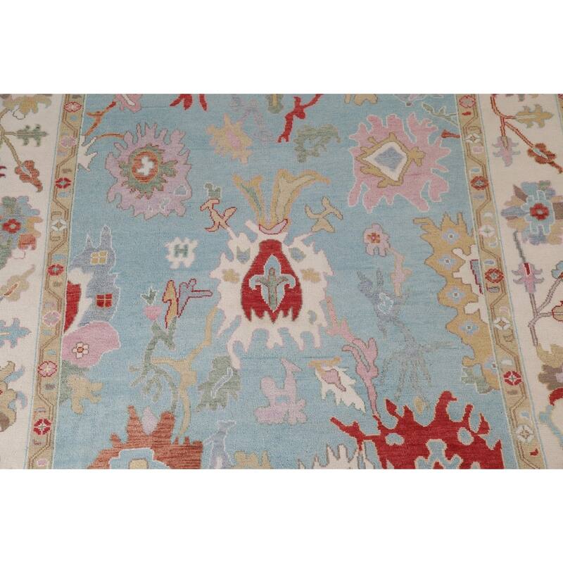 Light Blue Floral Oushak Rug Hand-Knotted Oriental Wool Carpet - 8'10"x 11'10"