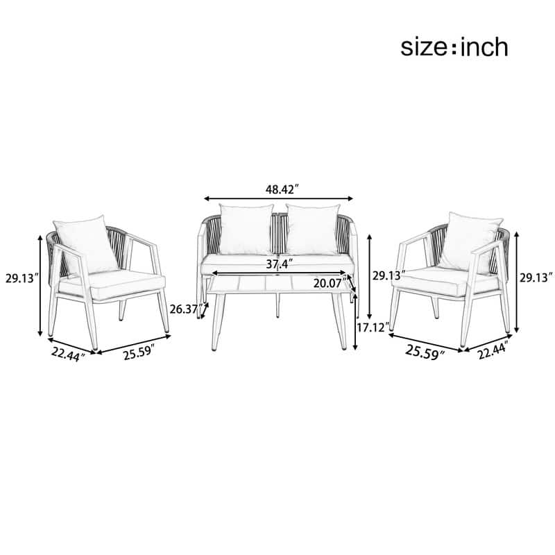 4-Piece Outdoor Patio Set, Iron Conversation Set with Table and Cushions for Garden, Poolside