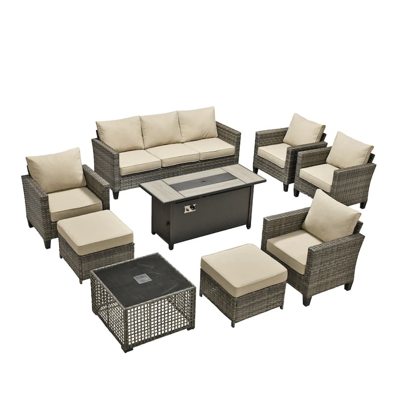 OVIOS 9 Pieces Patio Furniture Set with Solar-Powered Table & 54" Fire Table