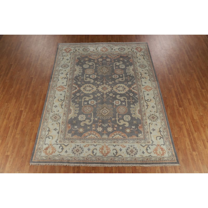 Gray Oushak Area Rug Hand-Knotted Transitional Floral Wool Carpet - 8'9" x 11'8"