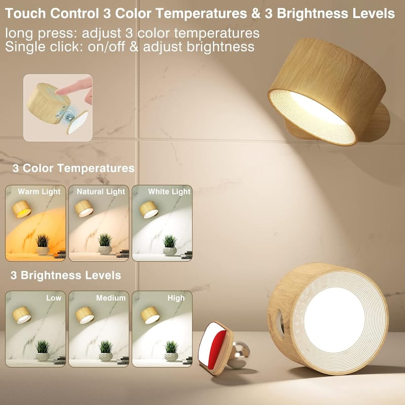3 brightness cordless light wood reading light natural wall light