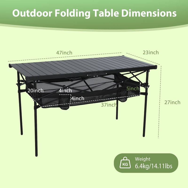 Lightweight Aluminum Camping Table with Roll-Up Top, Mesh Storage, Cup Holders & Carry Bag for Outdoor BBQ, Picnic, Sports