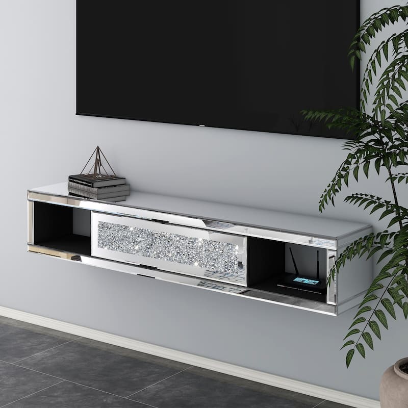 Mirrored Floating TV Shelf Crushed Diamonds Wall Mounted - Silver
