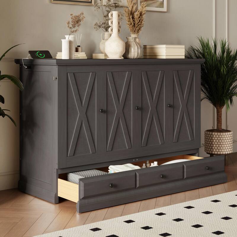 Solid Pine Murphy Bed Chest - Cube Cabinet Bed with Charging Station and Large Storage Drawer