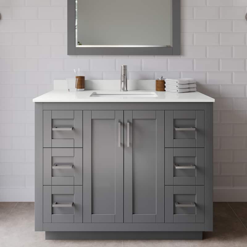 Wyndham Collection WCF292942S-QTZ-UNSMXX Miranda 42" Free Standing - Dark Gray / White Quartz Top / Brushed Nickel