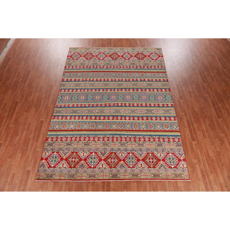 Hand Knotted Oriental 100% Wool Carpet Traditional Geometric Multi-Colored Kazak Area Rug - 11' 9'' X 8' 3''