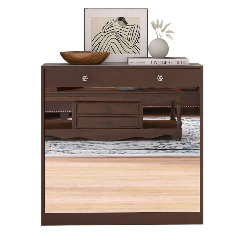 Mirrored Shoe Cabinet with Drawers - Space-Saving Entryway Organizer in Brown Finish