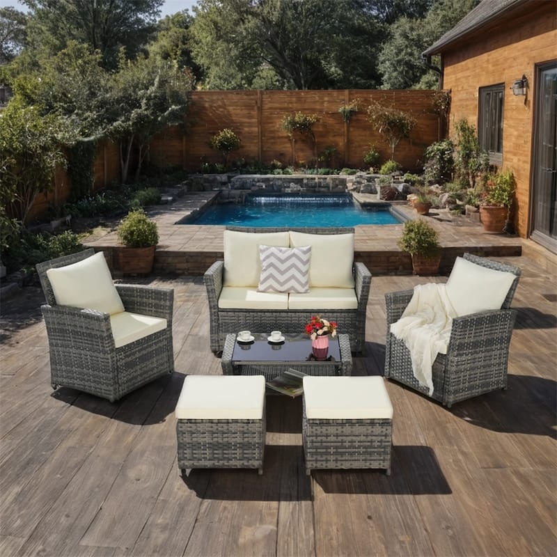 6 PCS Wicker Patio Furniture Sets with Ottoman & Tempered Glass Table - N/A