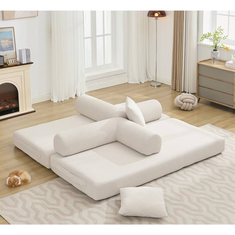 Folding Couch Convertible into King Size Floor Bed, 4-in-1 Corduroy Sleeper Sofa Bed with Moved Armrests and Non-Slip Pad