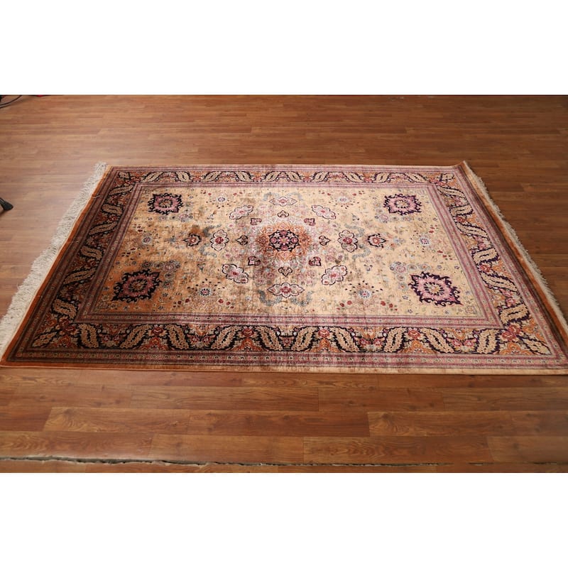 Handmade 100% Silk Geometric Qum Persian Rug Traditional Floral Carpet - 4'7"x 6'8"