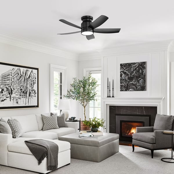 42 Inch Black Ceiling Fan With Light & Remote - Low Profile Flush Mount DC Motor