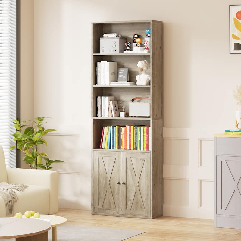 Farmhouse 6-Tier Open Bookcase and Bookshelf with Doors - Ash Grey