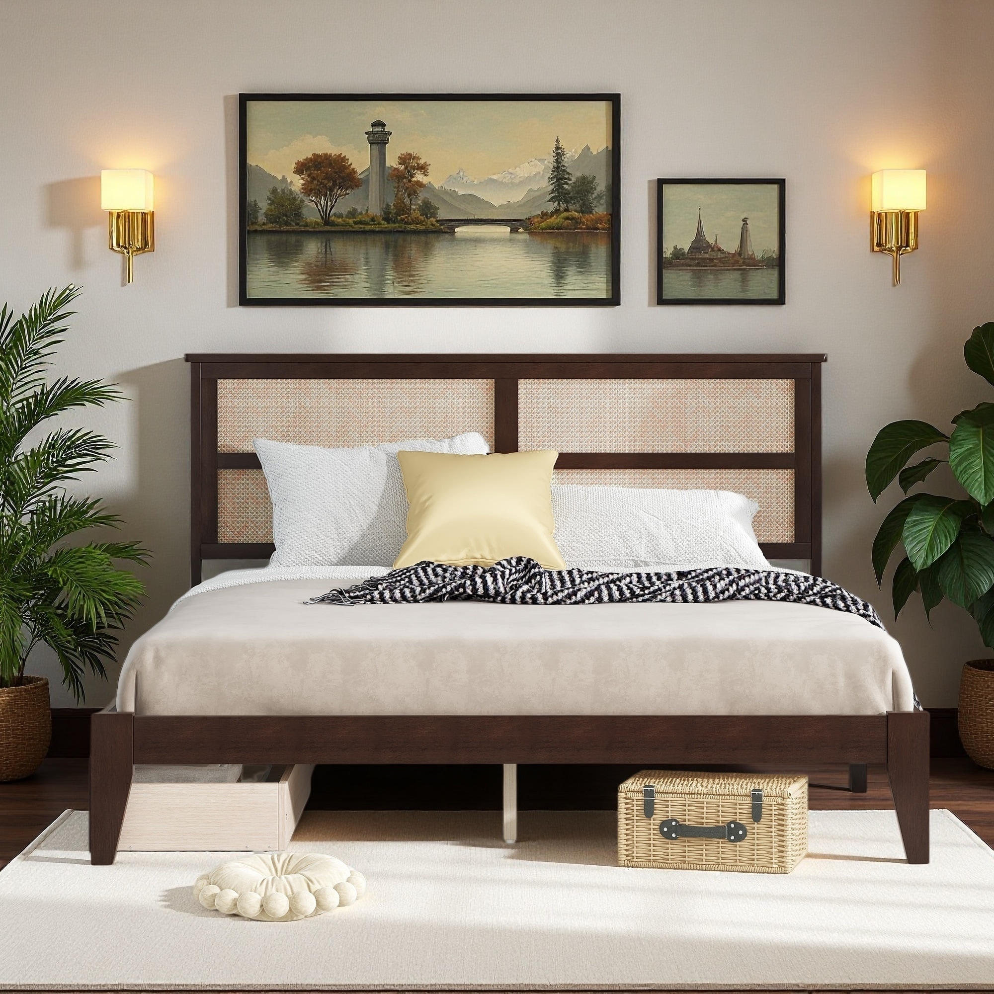 Rubberwood Platform Bed with Rattan Headboard and 2 Storage Drawers