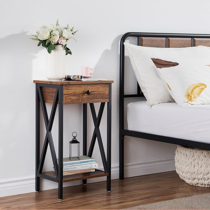 Javlergo Tall Side End Table, Modern Nightstand with Storage Shelf and Drawer