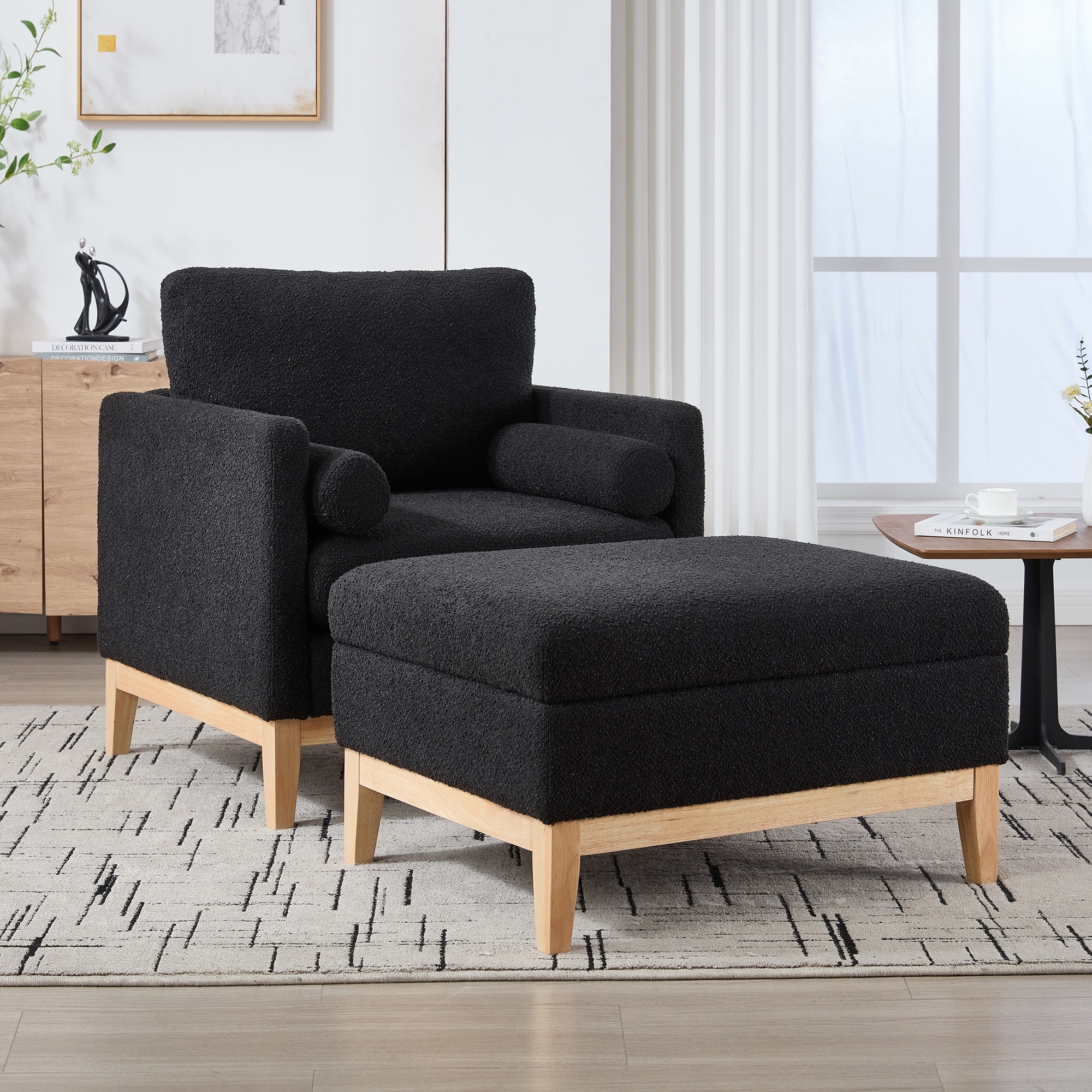 35.4 "Wide Wood Base Square Accent Arm Chair with Ottoman Natural Wood Legs with Reversible Lid Coffee Table