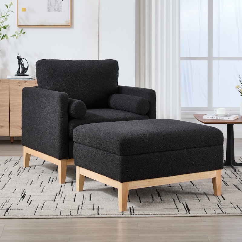 Roomfitters Boucle Arm Chair with Ottoman, Farmhouse Upholstered Wood Base Accent Chair and Reversible Lid Coffee Table - Black