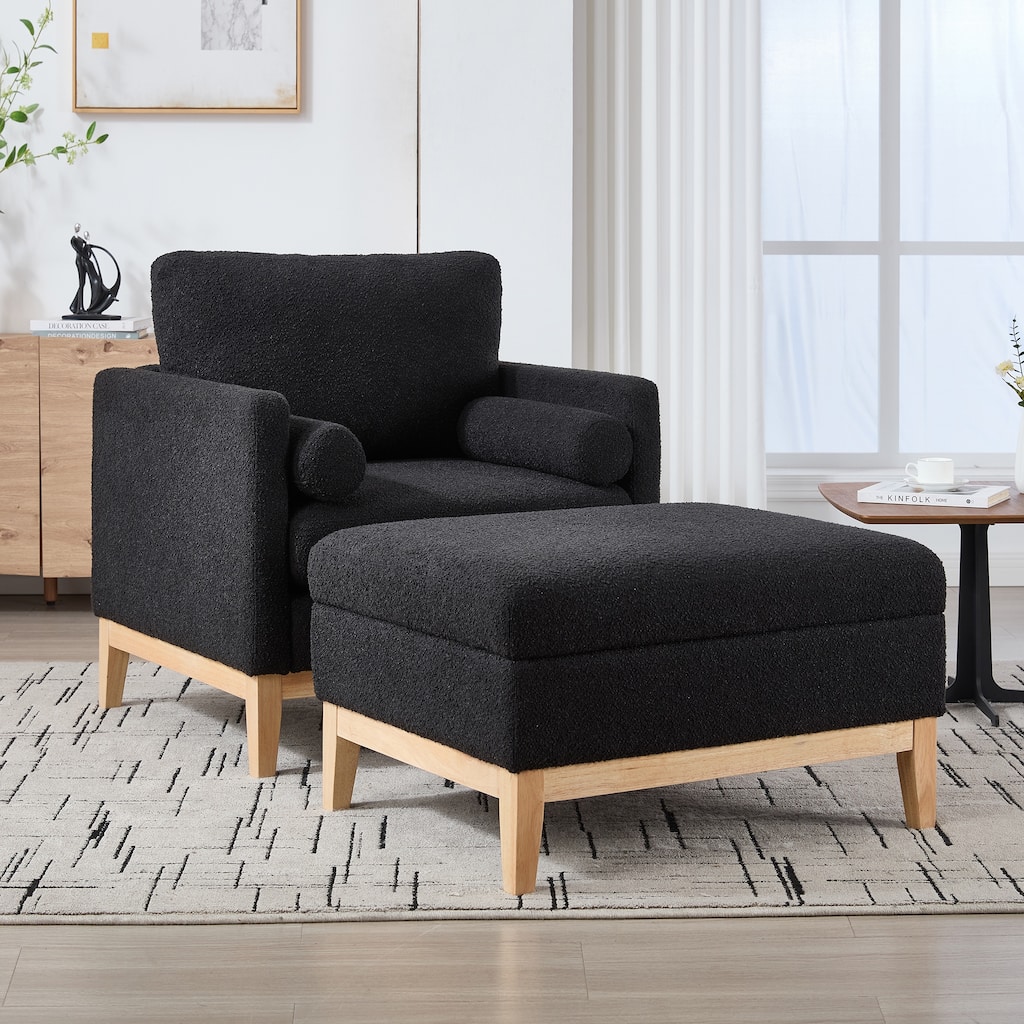 Roomfitters Boucle Arm Chair with Ottoman, Farmhouse Upholstered Wood Base Accent Chair and Reversible Lid Coffee Table