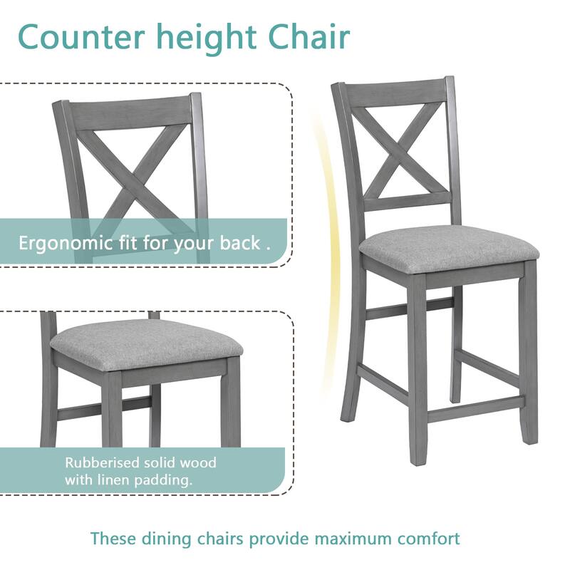 5 Piece Dining Table Set, Wooden Counter Height Kitchen Table Set with 1 Square Table and 4 Upholstered Chairs