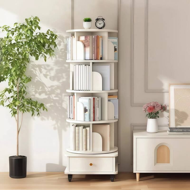 360 Degree Rotating Bookshelf Corner Storage Shelf with Drawer for Living Room Bedroom Office