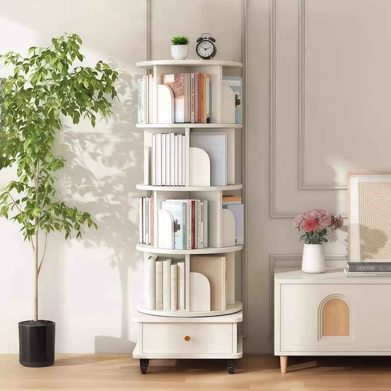 GDF Studio - Purling Modern 5-Tier Wood 360-Degree Rotating Bookshelf with Drawer Storage