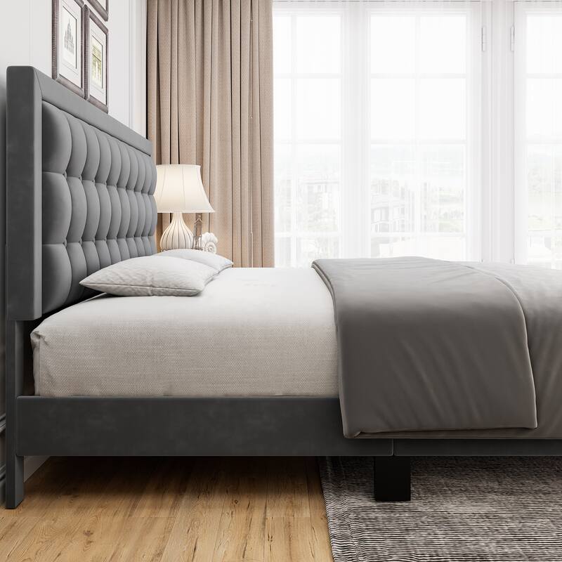 Upholstered Platform Bed Frame with Button Tufted Headboard and Wooden Slats