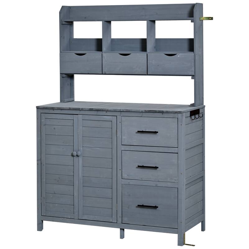 Roomfitters Garden Potting Bench with Storage Hutch, Outdoor Potting Table with 6 Drawers and Cabinets, Shelves