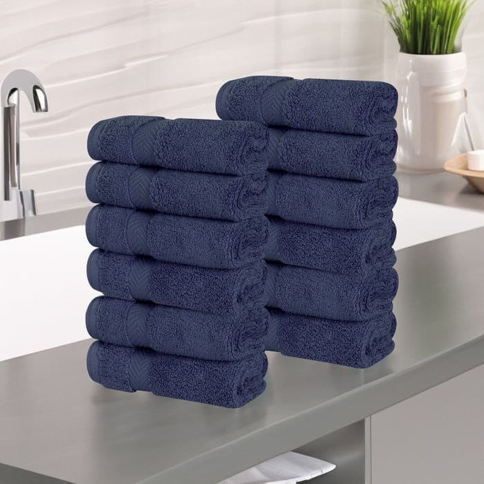 Superior Zero Twist Cotton Soft Absorbent Face Towel Washcloth Set of 12 - Midnight Blue