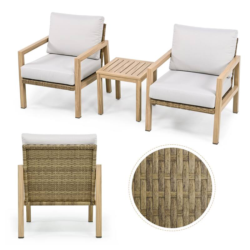 3-Piece Wood-grain Aluminum Patio Conversation Set with Rattan Chair Back and Cushions