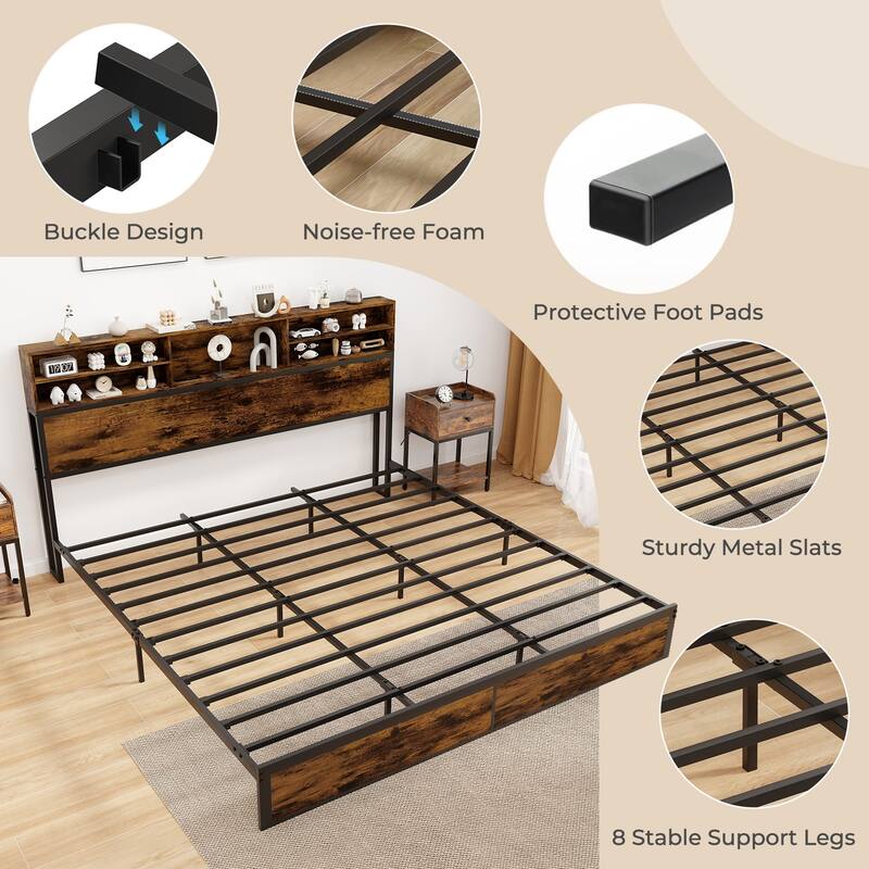 Metal Platform Bed Frame with Headboard Storage and USB Charging Ports