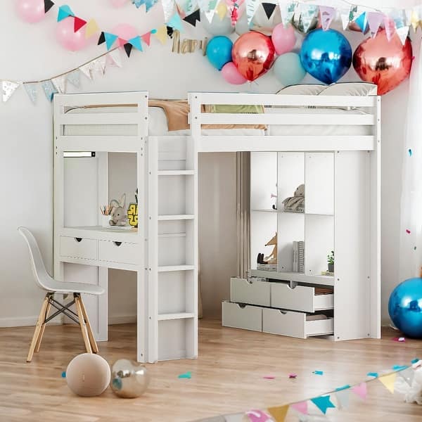 slide 2 of 36, Twin Size Loft Bed With Large Shelves,Writing Desk and LED Light for Home