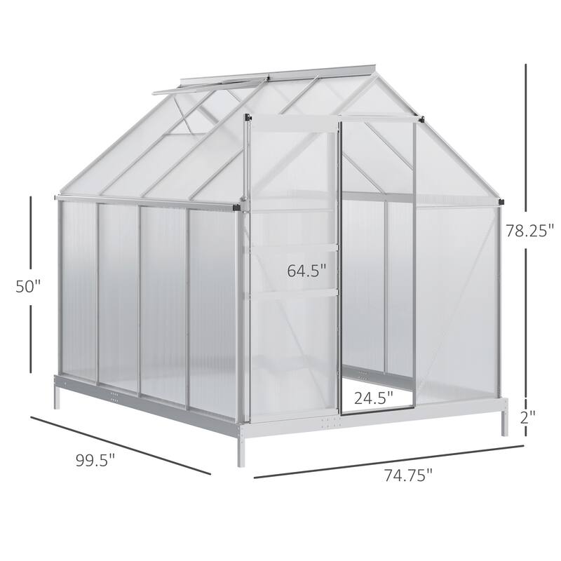 Outsunny Aluminum Greenhouse Polycarbonate Walk-in Garden Greenhouse Kit with Adjustable Roof Vent, Rain Gutter and Sliding Door
