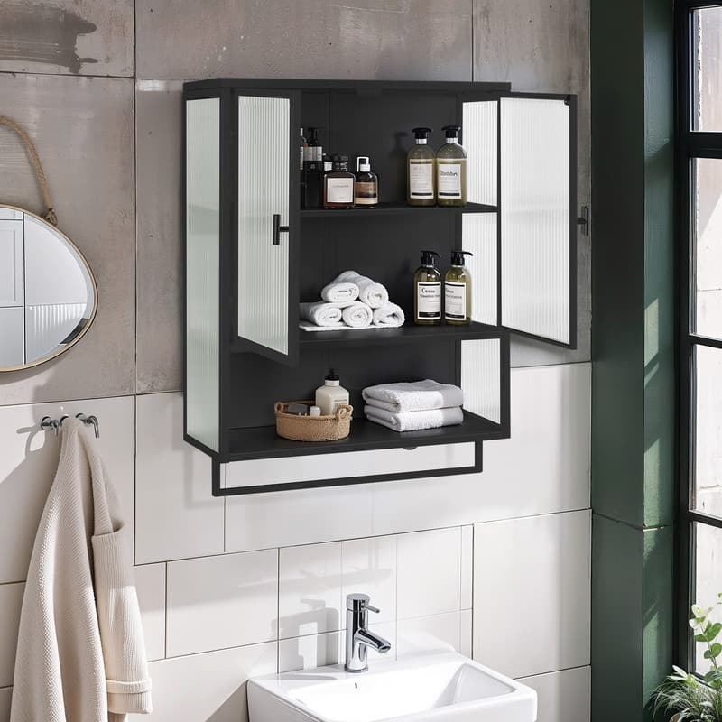 23.62" Modern Fluted Glass Wall Cabinet with Two Doors, Open Shelf & Towel Rack