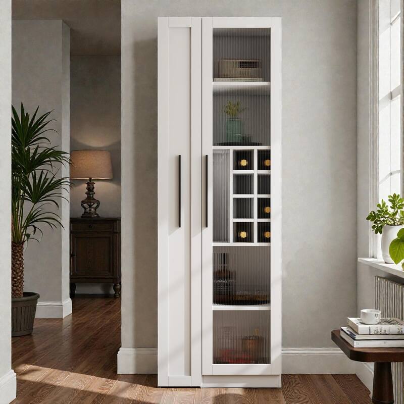 Farmhouse Kitchen Pantry Cabinet with Multi-Tier Pull-Out Storage Shelf & Glass Doors, Tall Food Storage Organizer