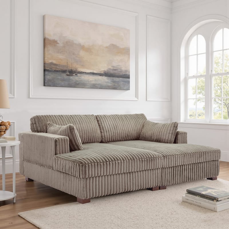 Sophia 84" W Plush Corduroy Chaise Lounge Modular Sectional Sofa - Light Brown