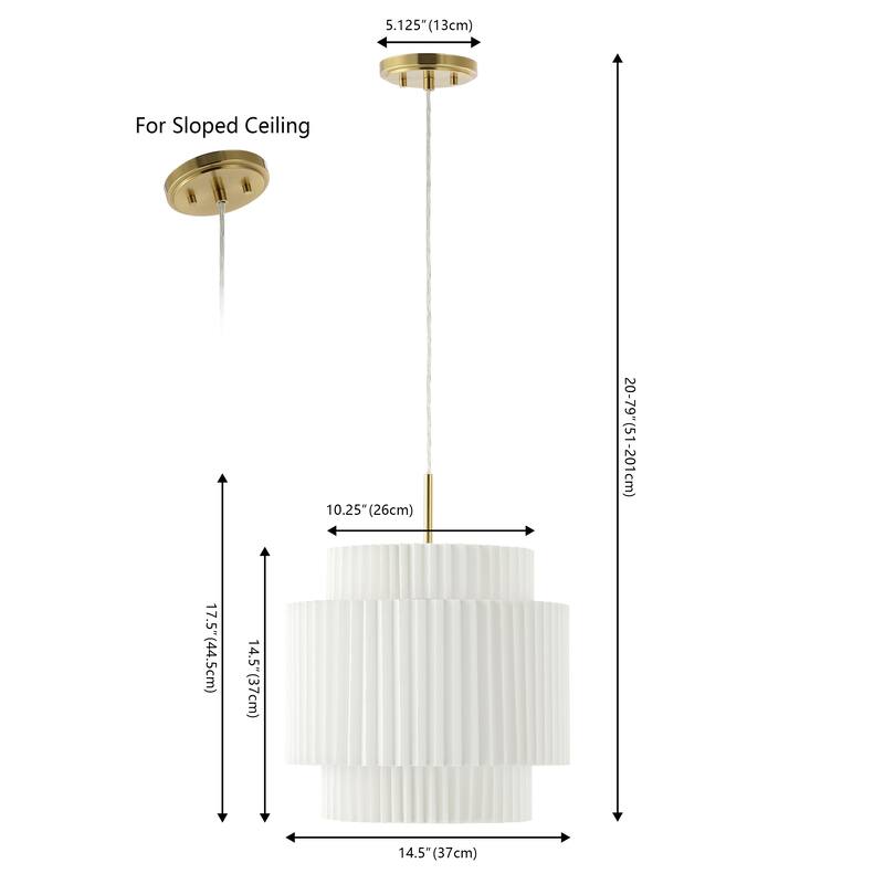 Calix 14.5" 1-Light Vintage Mid-Century Iron LED Pendant with Pleated Shade, Brass Gold/White by JONATHAN Y