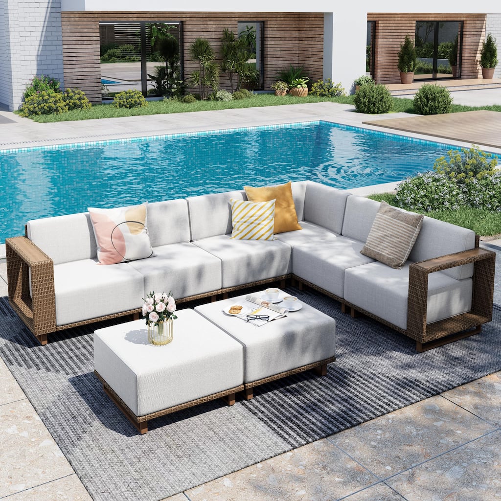 MAISON ARTS 6-Piece Modular Arc Rattan Sofa Set - Wide Armrests & Thick Cushions | Durable PE Wicker & Wood-Plastic.