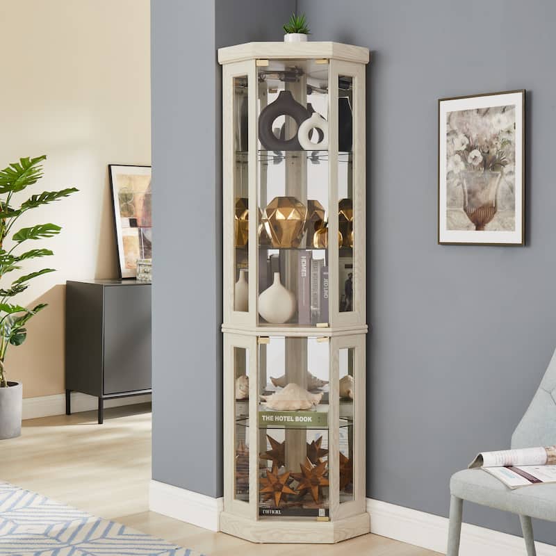 Roomfitters Lighted Corner Glass Display Cabinet, Corner Display Case for Living Room - Antique White