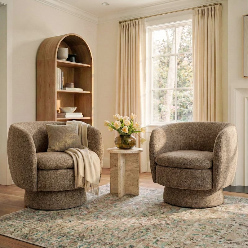 Upholstered 360 Swivel Barrel Accent Armchair(Set of 2) - Brown