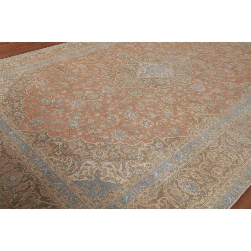 Orange Kashan Persian Vintage Area Rug Hand-Knotted Wool Carpet - 9'7"x 13'5"
