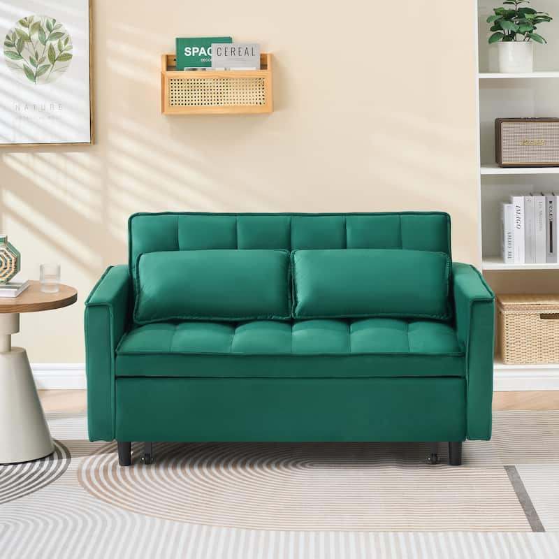 Velvet 3 in 1 Pull Out Loveseat Sofa Convertible Sleeper Love Seat Bed Tufted Futon Sofa with 2 Pillows and Pockets - Green