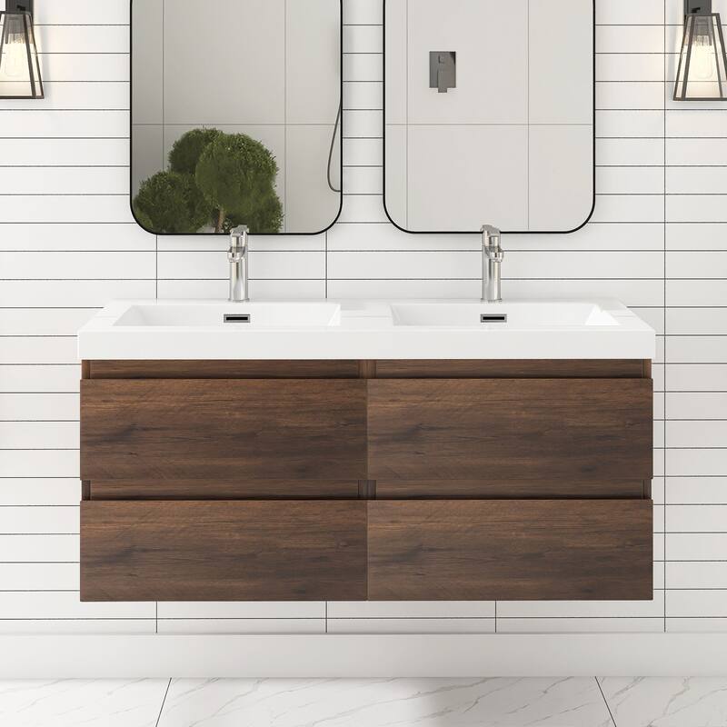 MDF Wall-Mounted Bathroom Vanity Set in Rose Wood with Integrated Culture Marble Sink