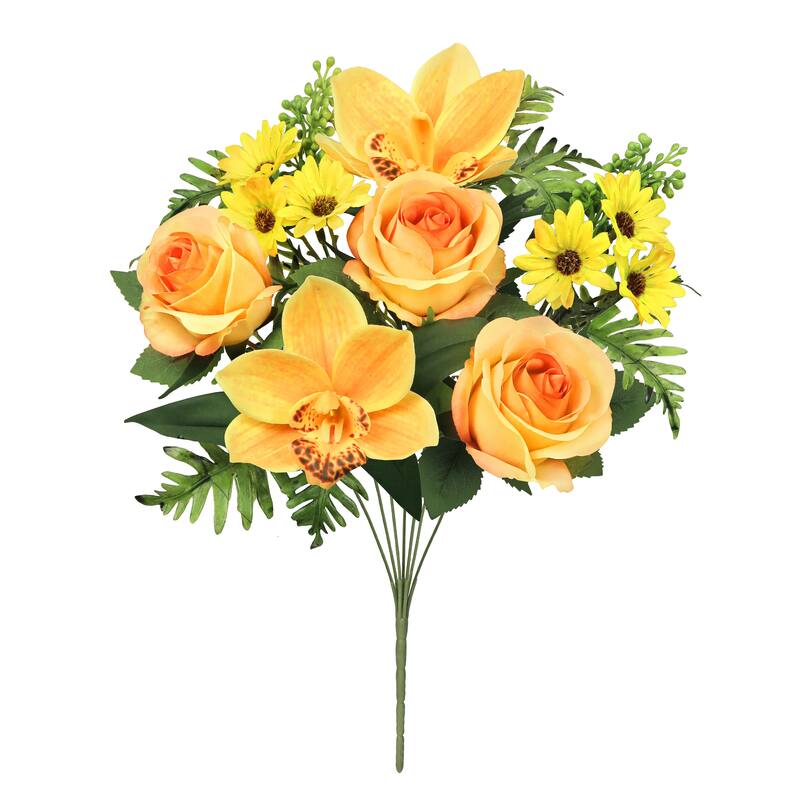 Set of 2 Yellow Orange Artificial Mixed Rose Cymbidium Orchid Daisy Flower Stem Bush Bouquet 16in - 16" L x 9" W x 9" DP