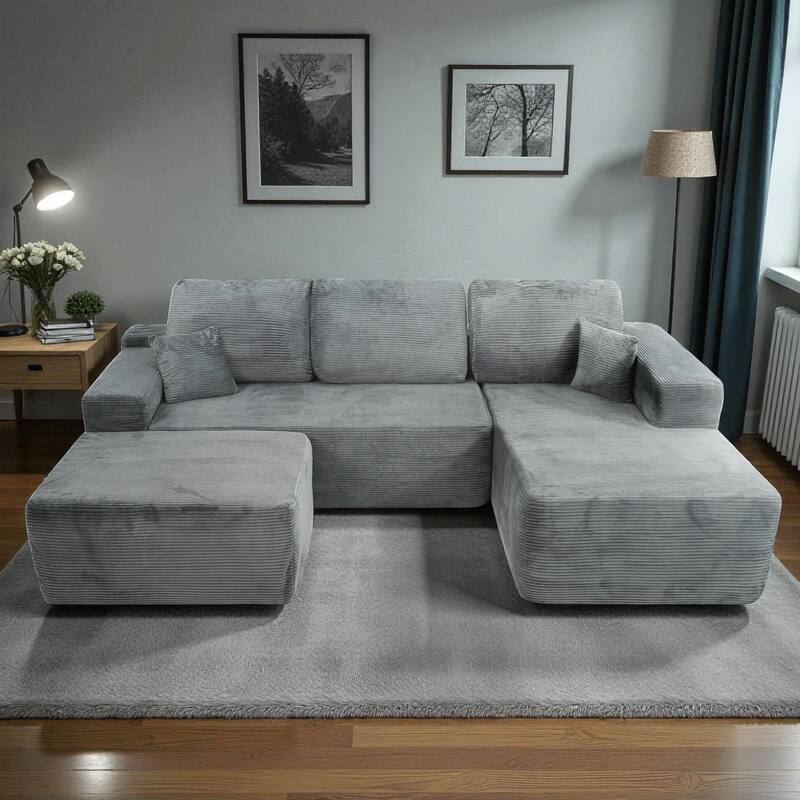 105.1" Cloud Modular Sectional Sofa with U-Shaped Chaise, Deep Seat Corduroy Upholstered Couch, No Assembly Required - Grey
