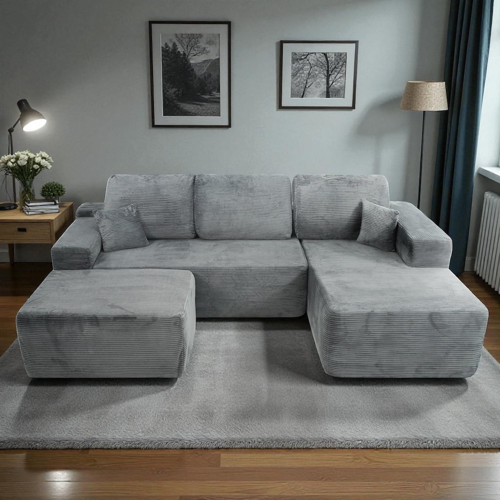 105.1" Cloud Modular Sectional Sofa with U-Shaped Chaise, Deep Seat Corduroy Upholstered Couch, No Assembly Required