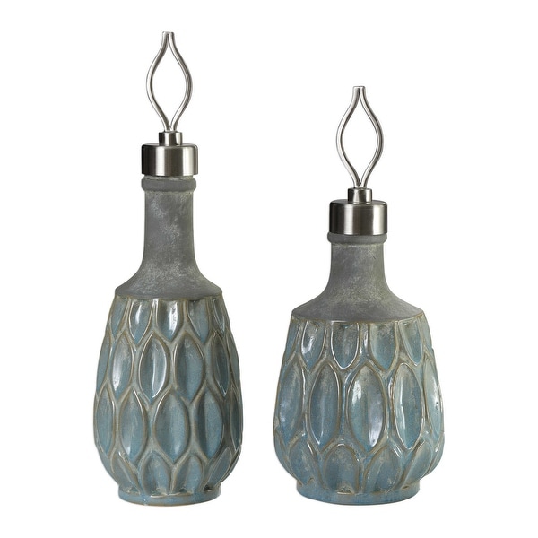 Set of 2 Blue and Gray Ceramic Bottles 20” - N/A
