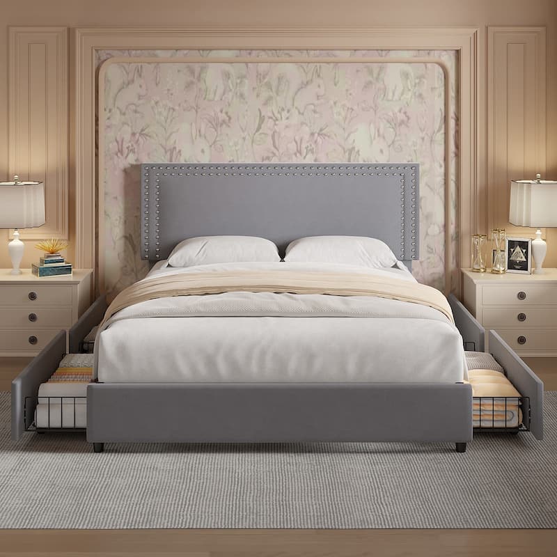 VECELO Upholstered Storage Bed Frames with 4 Storage Drawers Platform Bed Frame with Adjustable Velvet Rivets Headboard