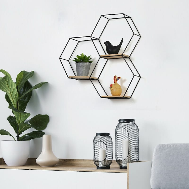 3.7" x 12.5" x 16" Hexagon Metal Modern Floating Shelf, Black
