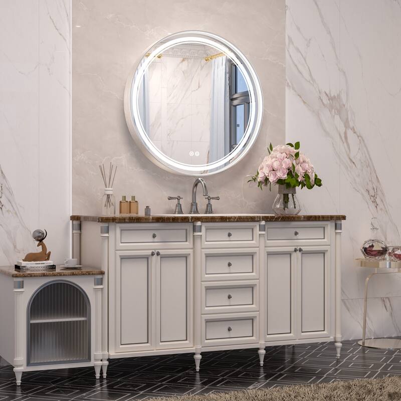 KEONJINN Round LED Front Light Bathroom Vanity Wall Mirror 3 Colors, Anti-fog, Metal Frame